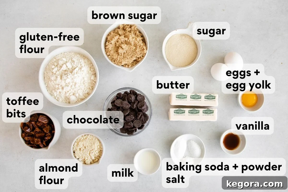 brown butter toffee chocolate chip cookie ingredients measured and lableled.
