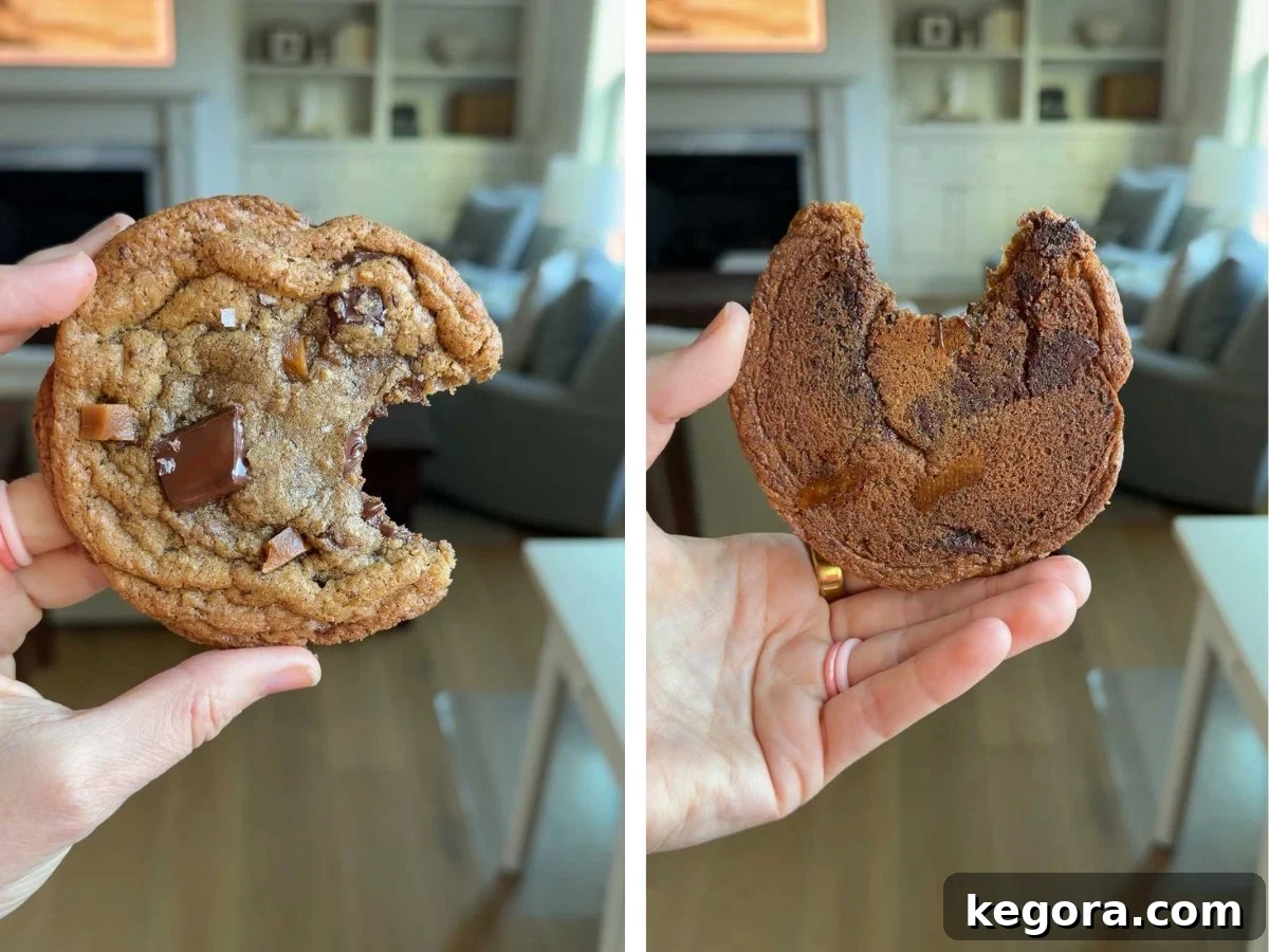 side by side photos of a cookie with a bite missing showing both front and back.