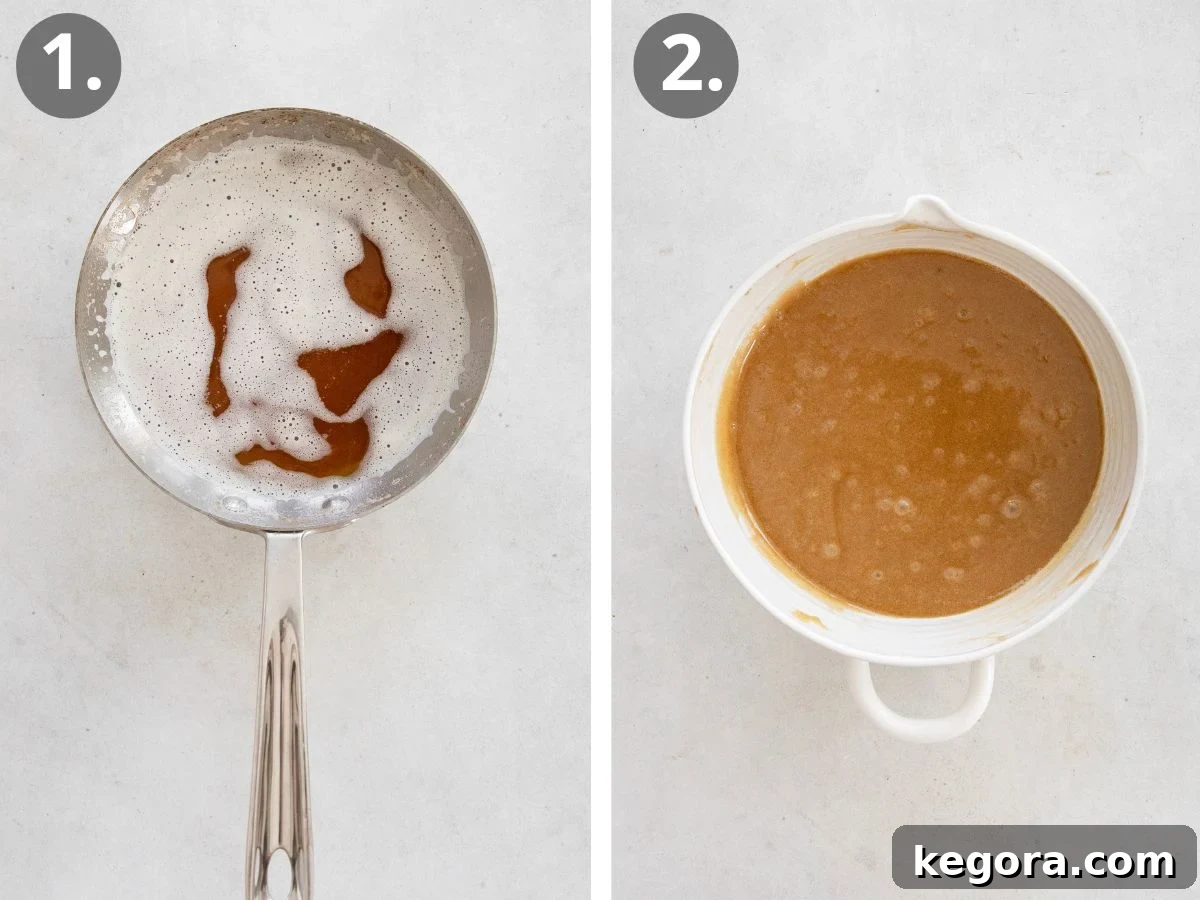 Gluten-Free Fluffernutter Cookies: Peanut Butter and Marshmallow 4 Step 1: A saucepan with foamy, browned butter inside. Step 2: A white mixing bowl containing a smooth, caramel-colored mixture. Both images are set on a light surface with numbered labels in the top corners.