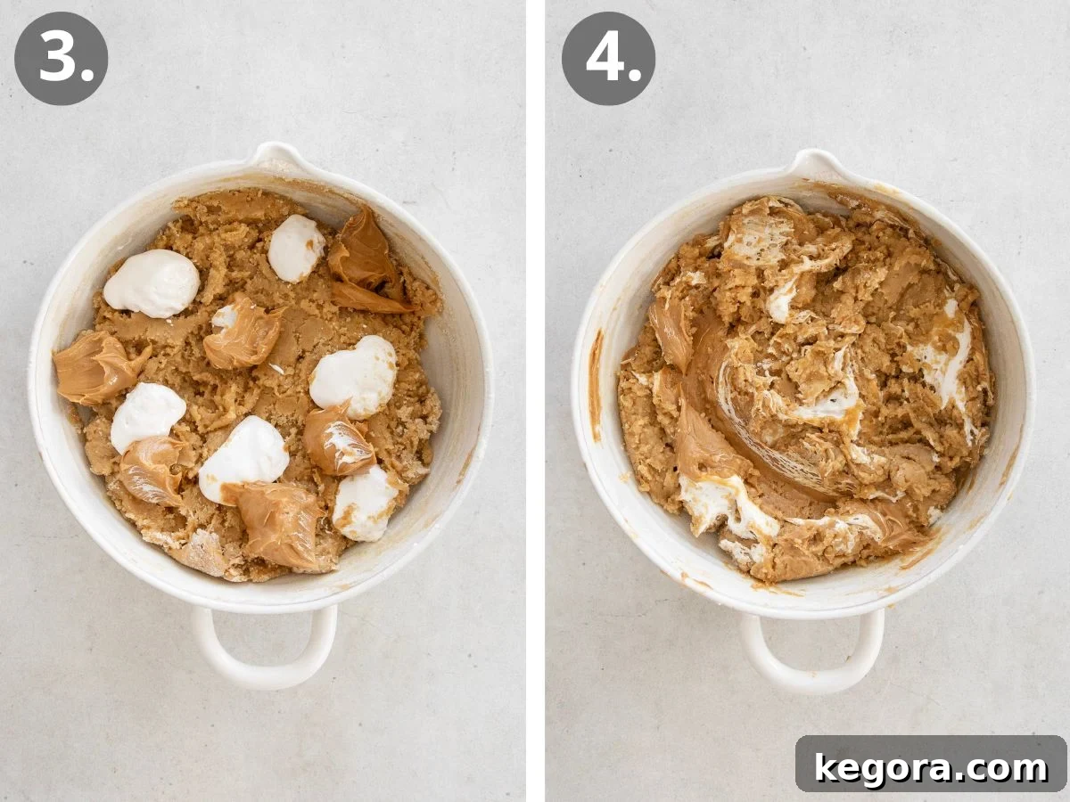 Gluten-Free Fluffernutter Cookies: Peanut Butter and Marshmallow 5 Two side-by-side mixing bowls: the left shows dough with dollops of peanut butter and white cream, labeled 3.; the right shows the ingredients partially mixed into the dough, labeled 4. Both bowls sit on a light surface.