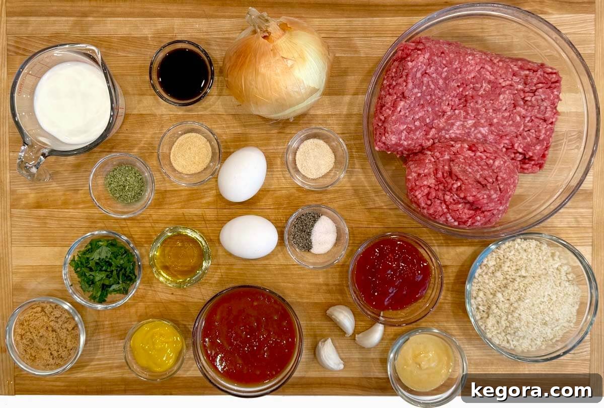 How to Make Classic Moist Meatloaf with Glazed Topping 3 Ingredients for classic meatloaf arranged on a surface