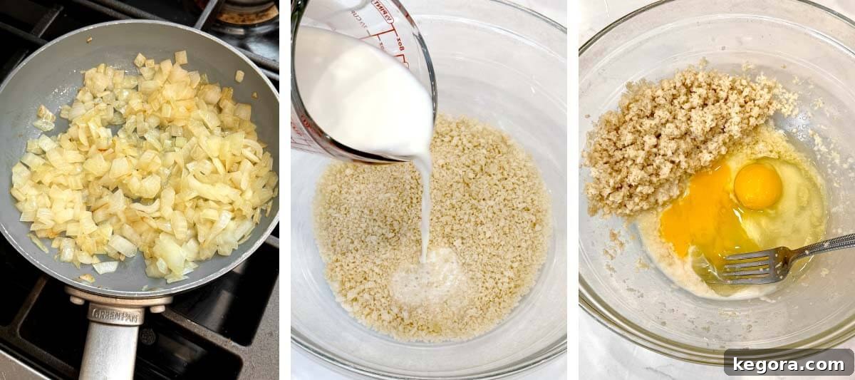 How to Make Classic Moist Meatloaf with Glazed Topping 5 Sautéing onions and preparing other meatloaf components