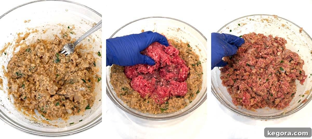 How to Make Classic Moist Meatloaf with Glazed Topping 7 Mixing breadcrumb mixture and adding ground beef