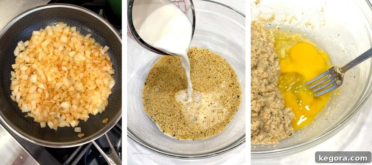 Italian Style Meatloaf with Parmesan, Herbs and Marinara 4 sautéing onion, pouring milk into breadcrumbs, whisking eggs into breadcrumbs