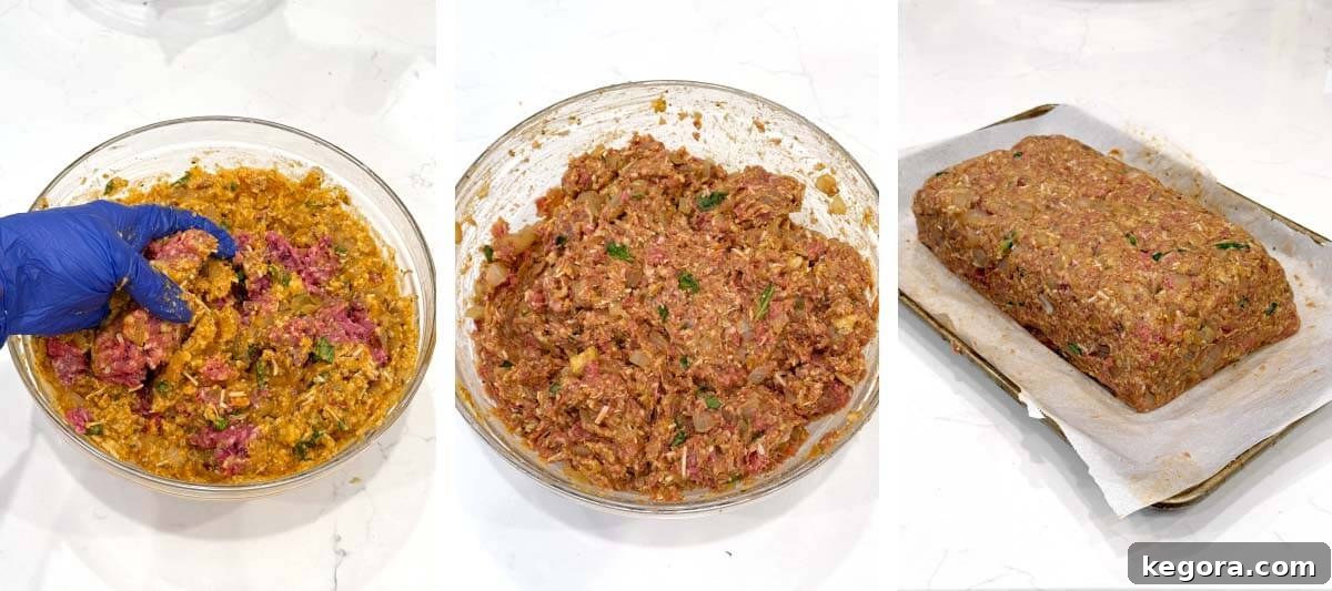 Italian Style Meatloaf with Parmesan, Herbs and Marinara 6 hand mixing meatloaf ingredients, mixed mixture in bowl, meatloaf formed on baking sheet lined with parchment
