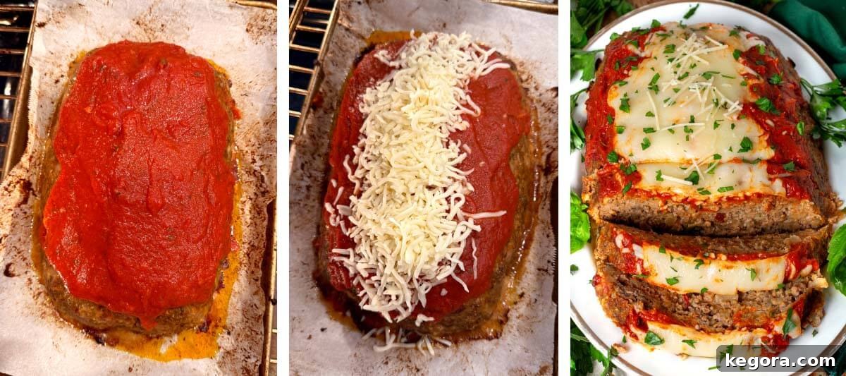 Italian Style Meatloaf with Parmesan, Herbs and Marinara 7 marinara over partially cooked meatloaf, mozarella on top of meatloaf before melting, completed meatloaf from above