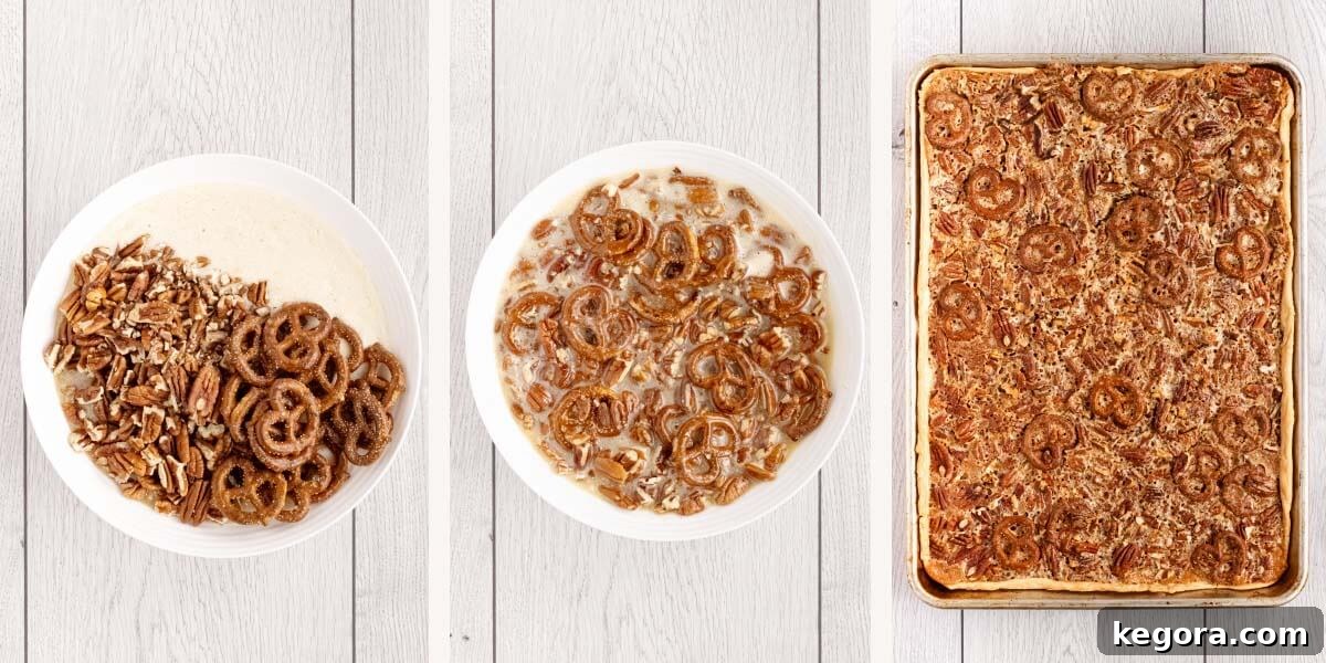 Classic Southern Pecan Slab Pie Recipe 5 nuts and pretzels add to bowl with filling, filling mixture mixed in bowl, cooked pecan slab pie uncut