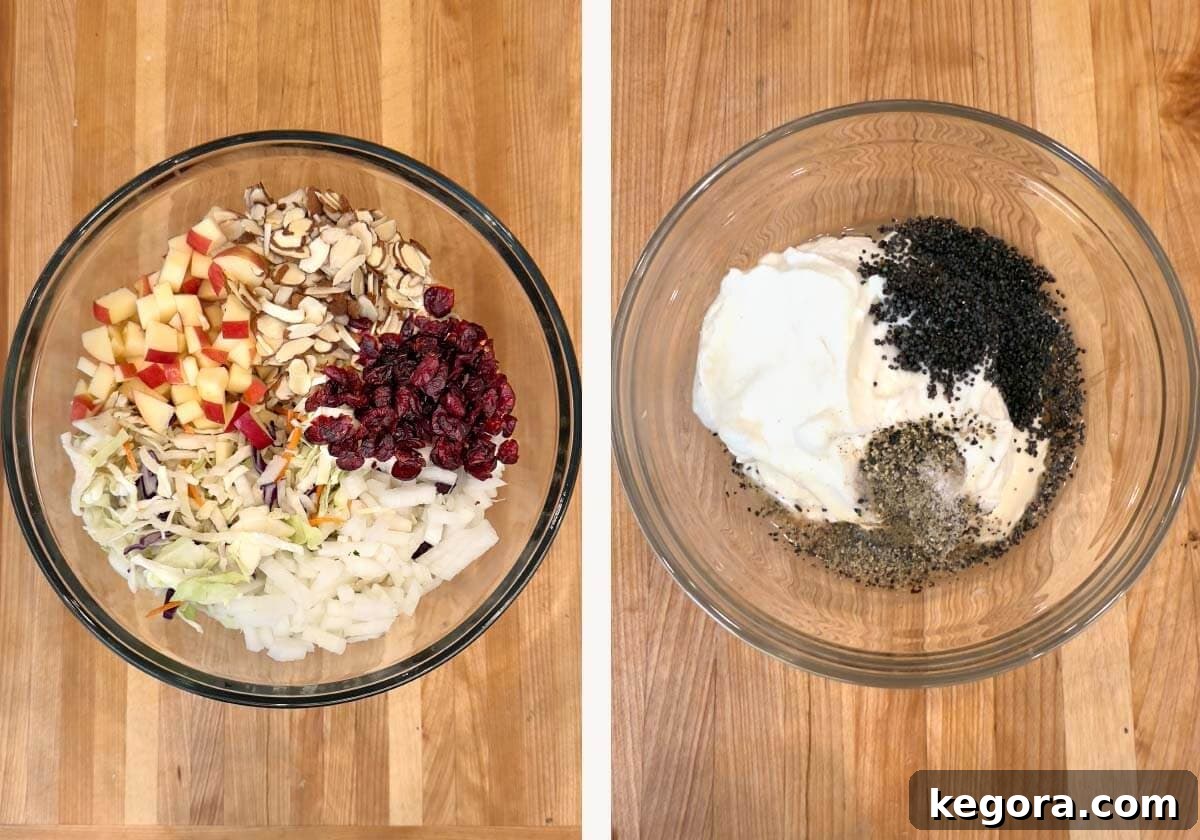 salad ingredients in glass bowl, dressing ingredients in a separate glass bowl before mixing