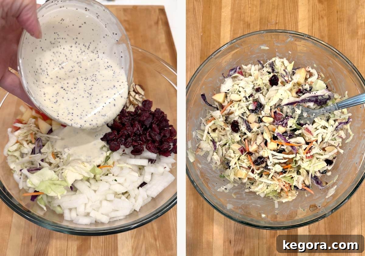 Pouring dressing over coleslaw, finished coleslaw in glass bowl