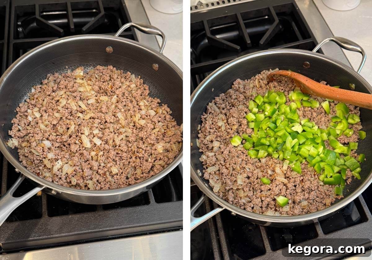 Classic Sloppy Joes Sandwich Recipe 4 browning ground beef and onion in a skillet, green bell pepper added
