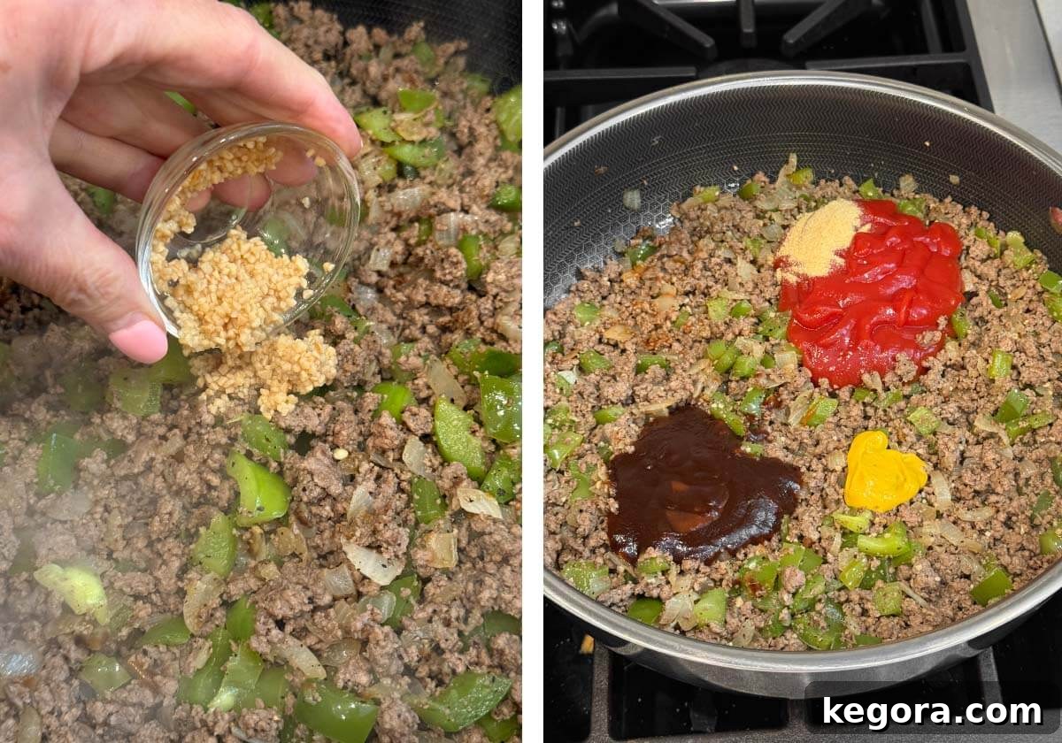 Classic Sloppy Joes Sandwich Recipe 5 adding minced garlic to ground beef mixture, sauce ingredients added
