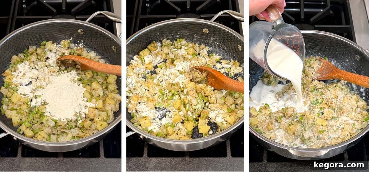 Classic Chicken Pot Pie with Flaky Butter Crust 5 add flour and cook, stir in milk