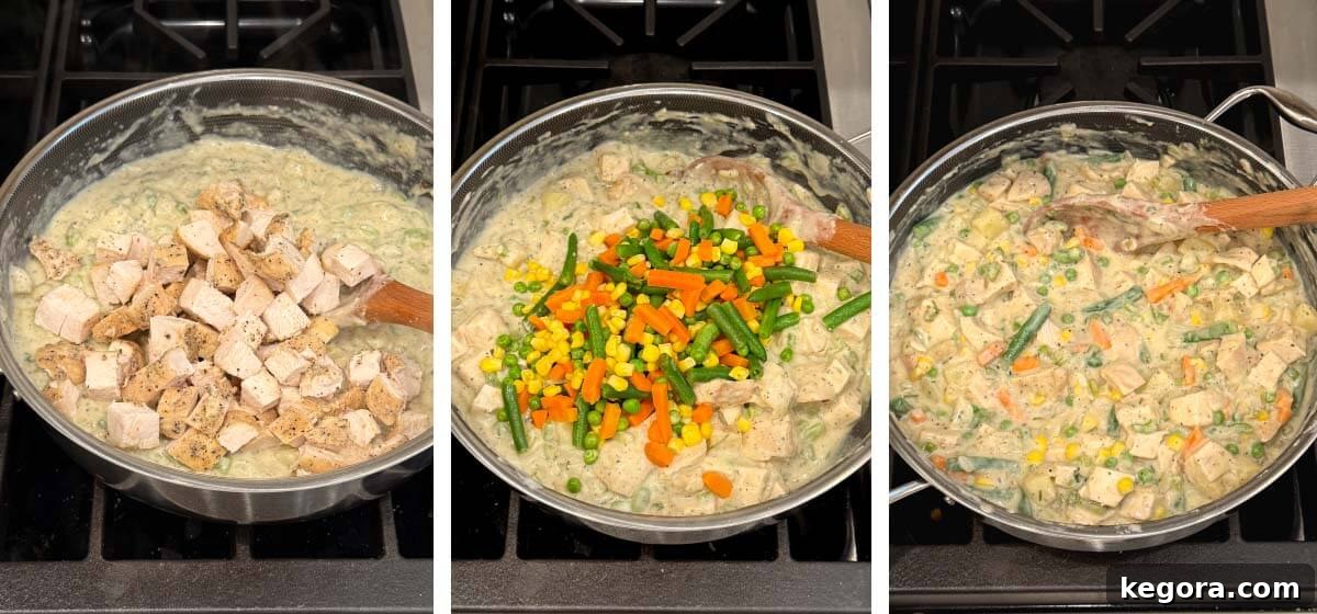Classic Chicken Pot Pie with Flaky Butter Crust 7 add chicken and frozen mixed veggies, stir and let cool