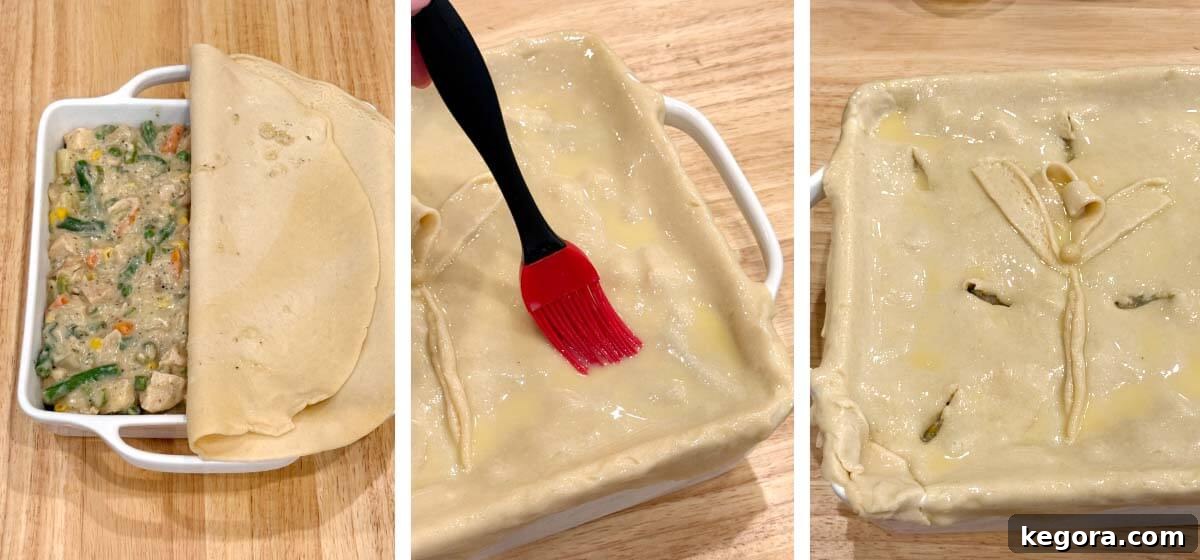 Classic Chicken Pot Pie with Flaky Butter Crust 8 pour filling into dish, with or without bottom crust, add top crust with egg wash and bake