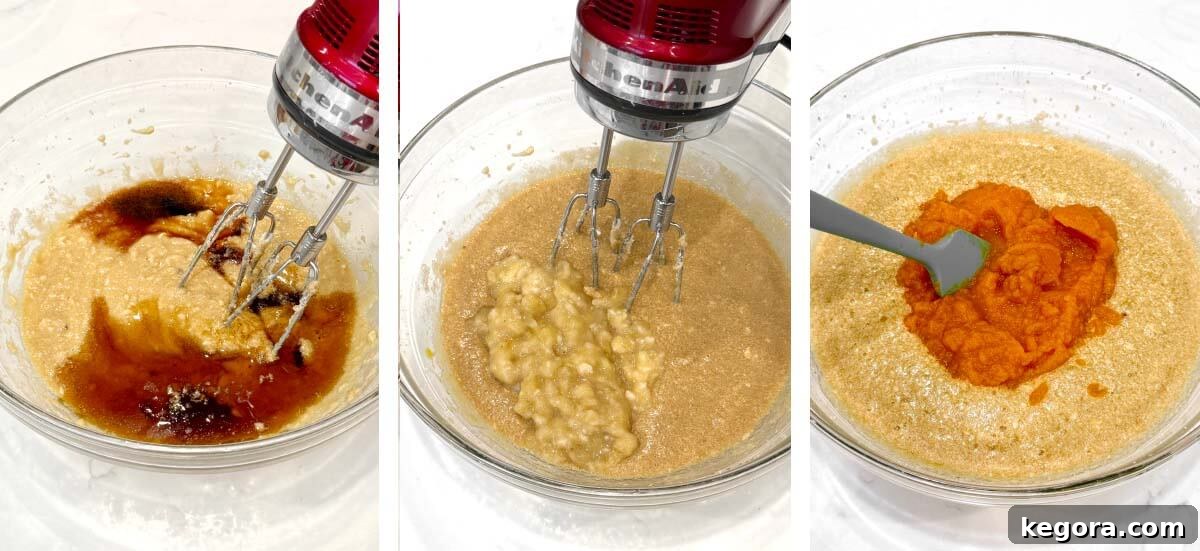 Moist Spiced Pumpkin Banana Bread Recipe 5 Adding the maple syrup and vanilla, mashed bananas added, pumpkin puree added