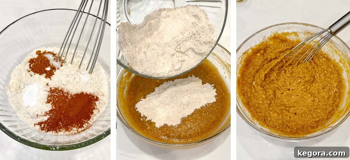 Moist Spiced Pumpkin Banana Bread Recipe 6 mixing dry ingredients in bowl with whisk, adding dry ingredients to the wet, batter mixed in bowl