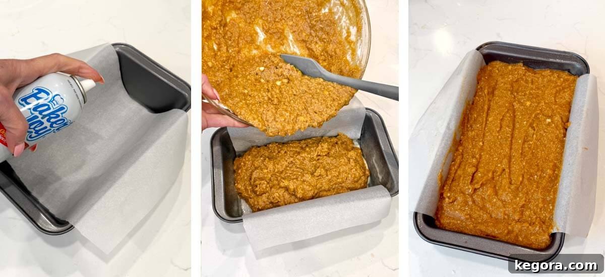 Moist Spiced Pumpkin Banana Bread Recipe 7 spraying loaf pan, adding batter to pan, batter added to pan before baking