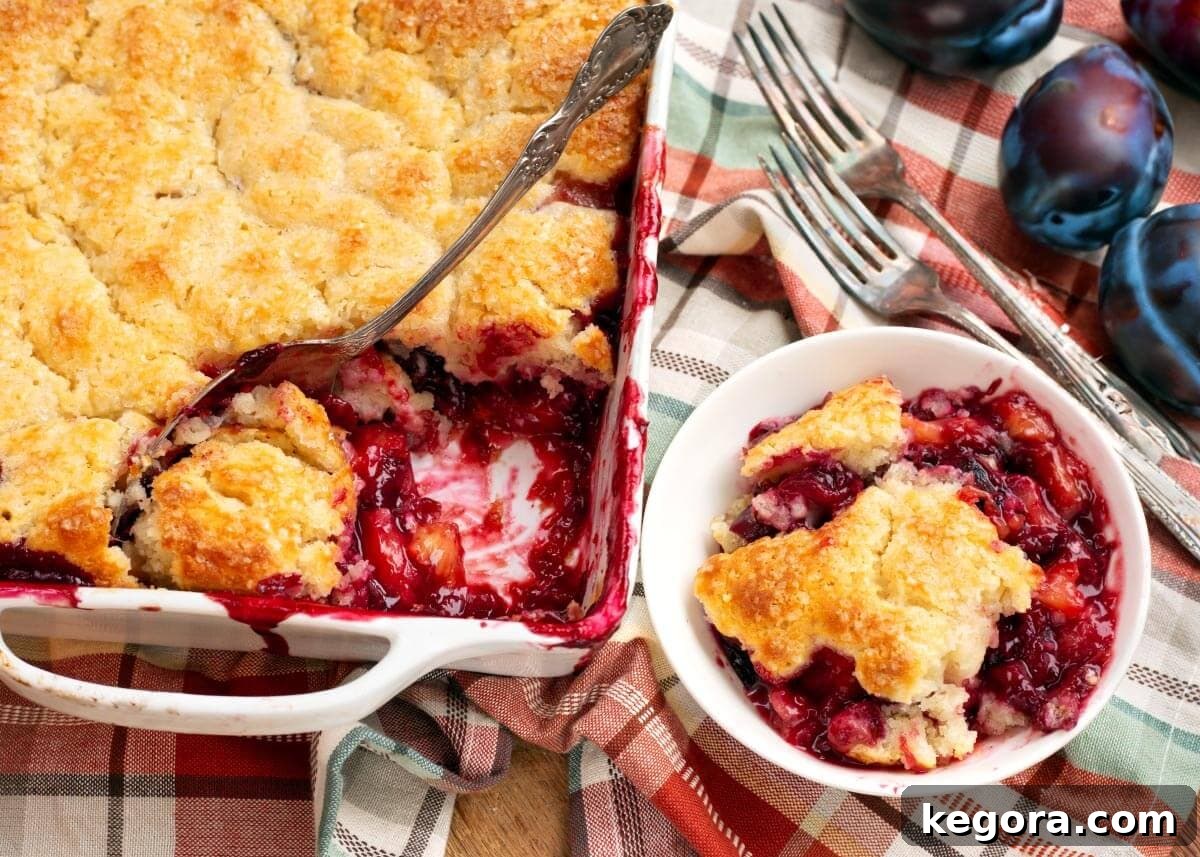 Homemade Plum Cobbler with Cinnamon Crumble 2 plum cobbler in a white baking dish and a white bowl with a serving in it