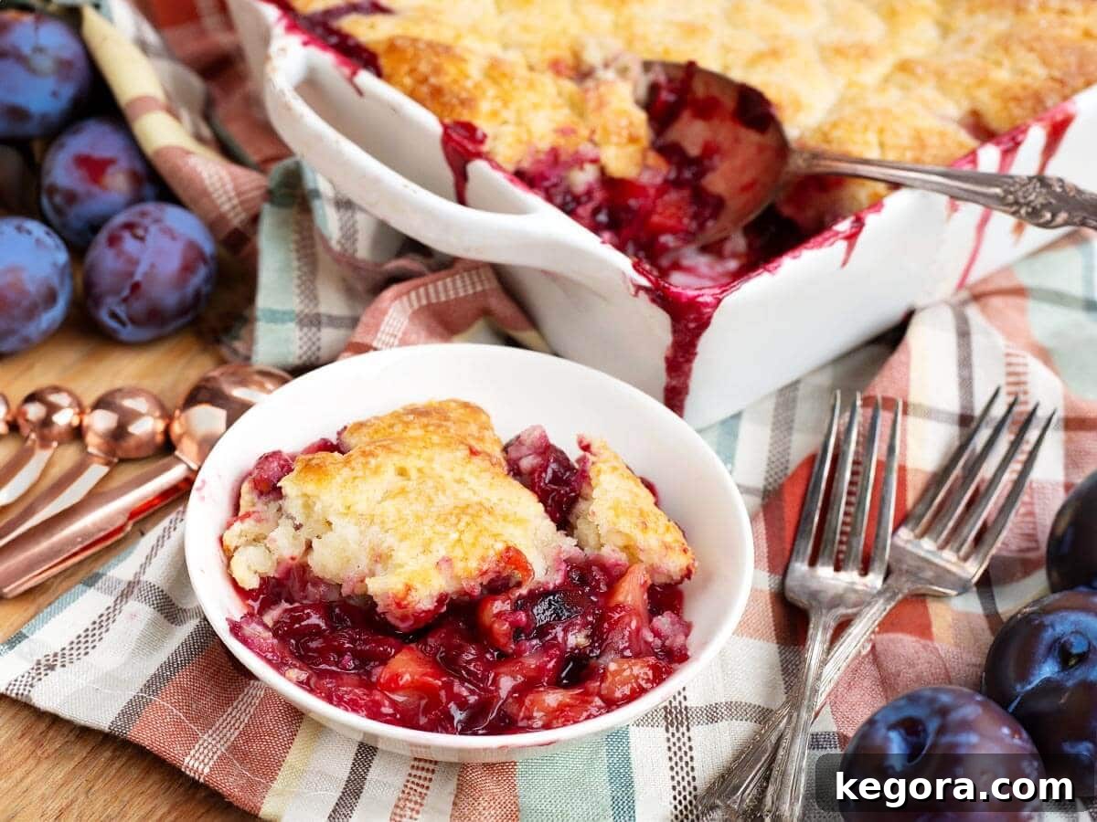 Homemade Plum Cobbler with Cinnamon Crumble 4 plum cobbler serving in a white bowl