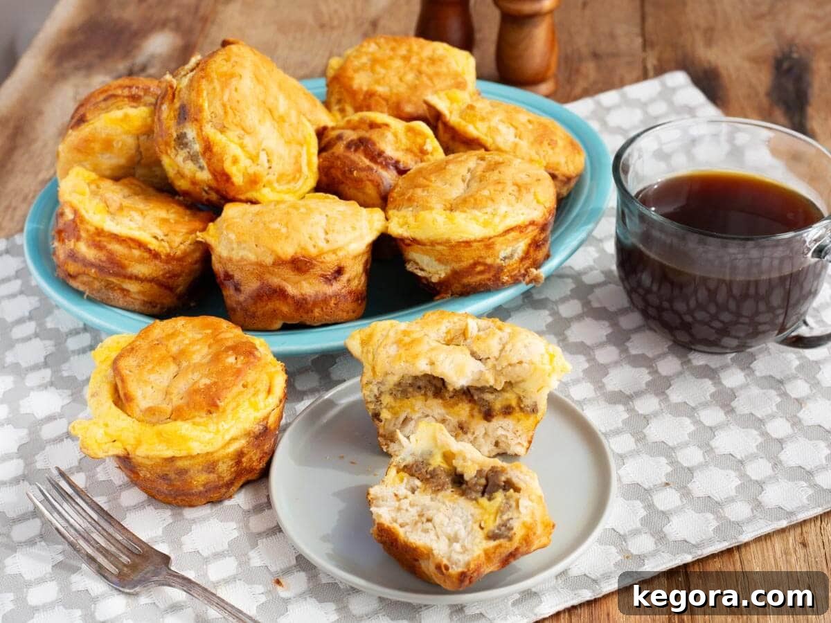 Sausage, Egg and Cheese Biscuit Muffins 2 sausage egg and cheese biscuit muffins on a blue platter