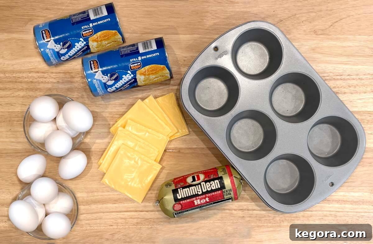 Sausage, Egg and Cheese Biscuit Muffins 3 sausage egg and cheese biscuit muffins ingredients shot