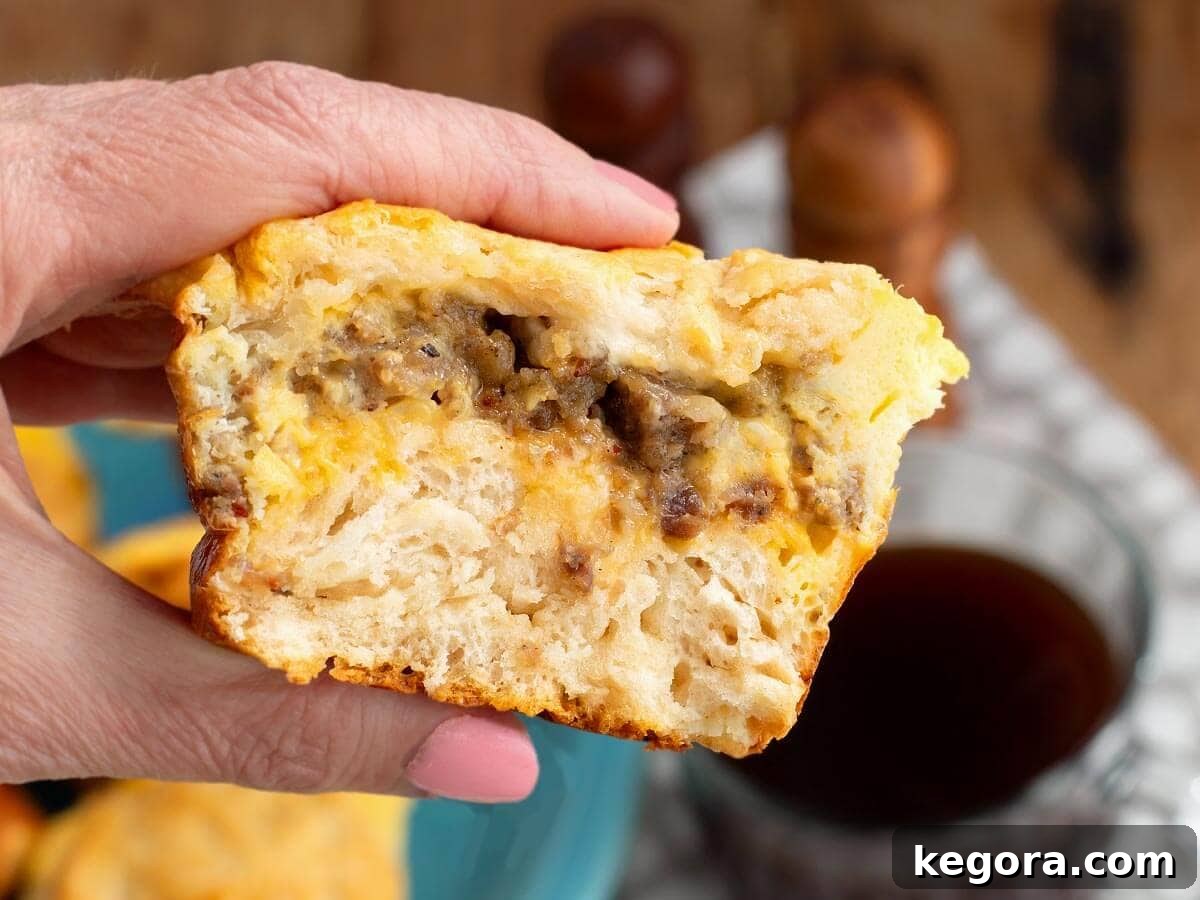 Sausage, Egg and Cheese Biscuit Muffins 4 hand holding a sliced open egg muffin with sausage and cheese