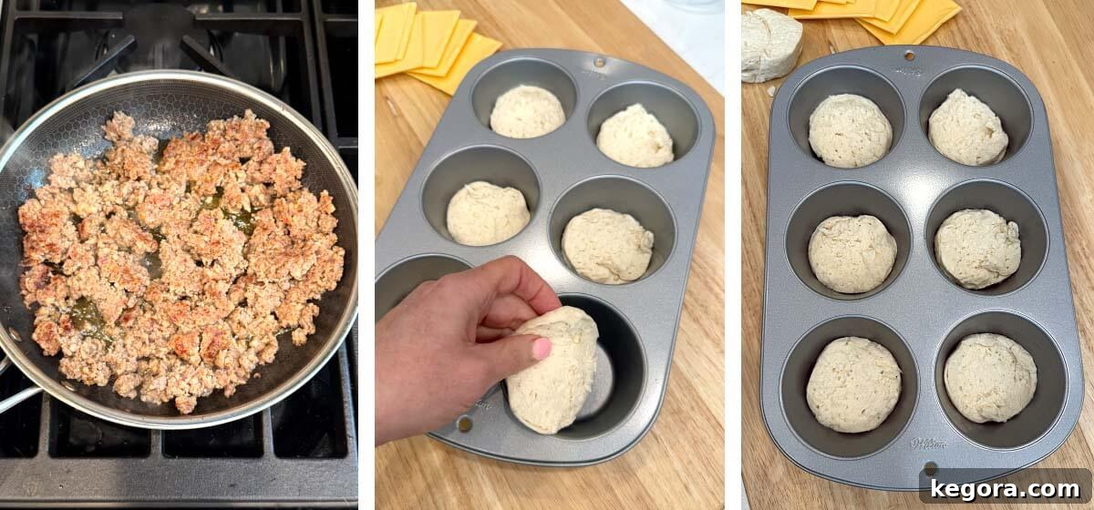 Sausage, Egg and Cheese Biscuit Muffins 5 browning sausage, adding half of a biscuit in muffin pan, muffin pan filled with half biscuits