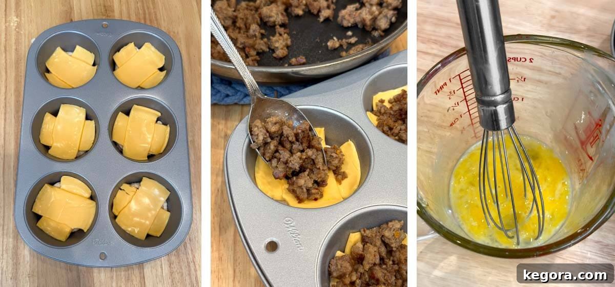 Sausage, Egg and Cheese Biscuit Muffins 6 cheese added to muffin pan, spooning sausage onto cheese, whisking an egg
