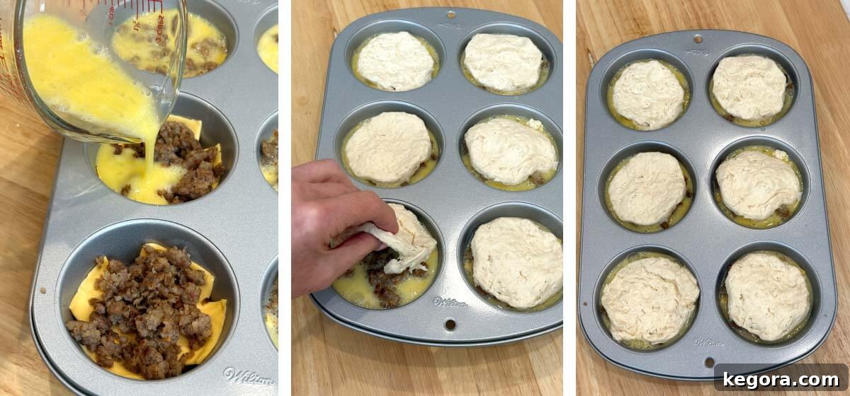 Sausage, Egg and Cheese Biscuit Muffins 7 pouring egg onto sausage, placing other half biscuit on top, muffin pan with biscuits tops on before baking
