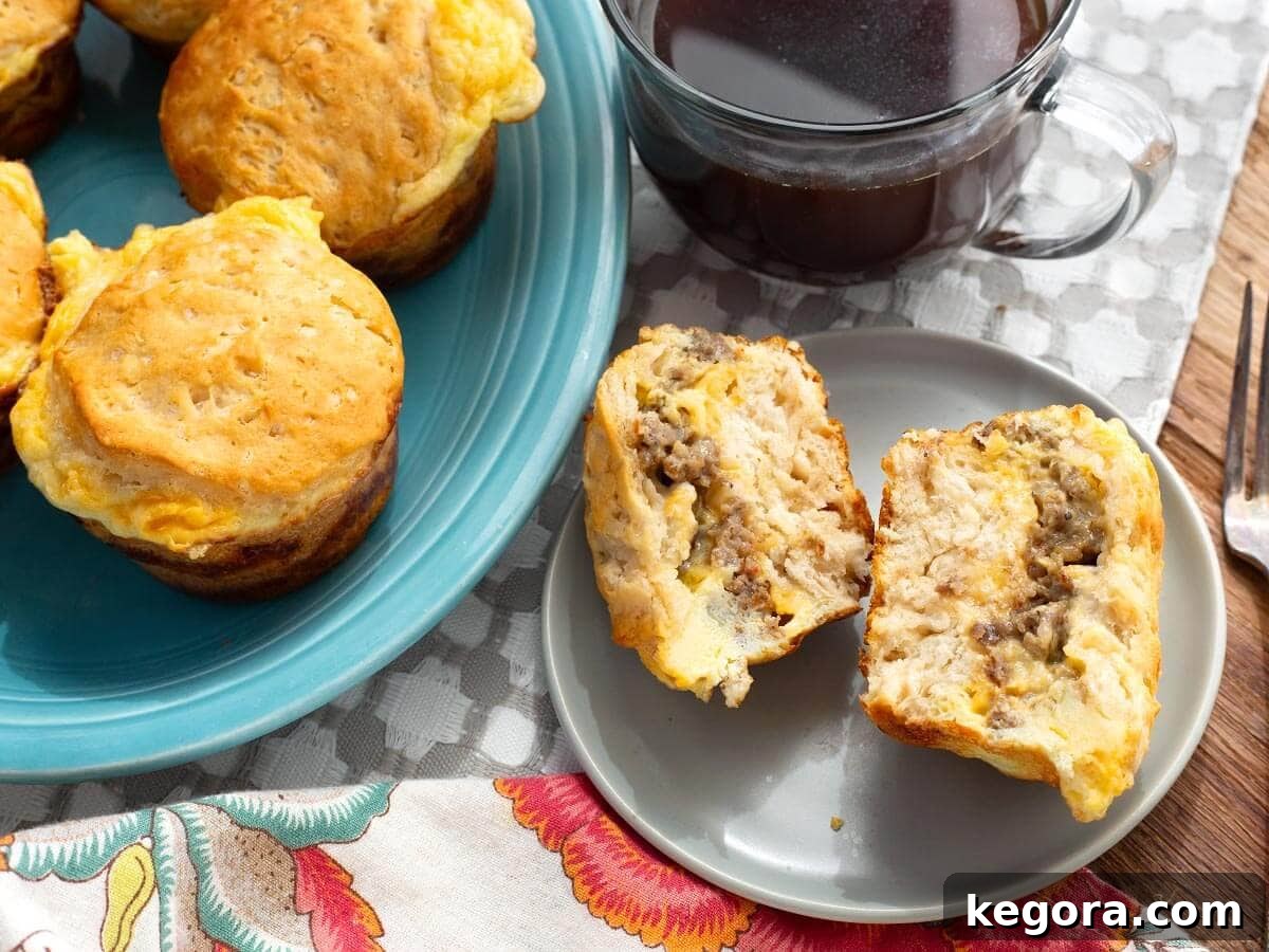 Sausage, Egg and Cheese Biscuit Muffins 8 a sliced open egg muffin with sausage and cheese