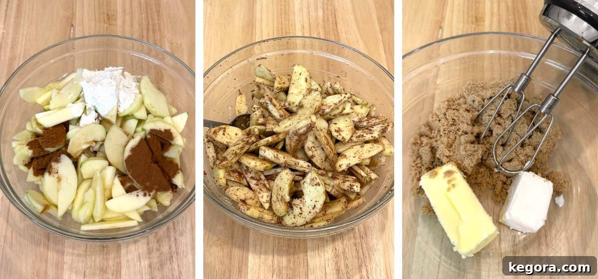 Salted Caramel Apple Crumble Bars 4 Sliced apples being seasoned for caramel apple crumble bars
