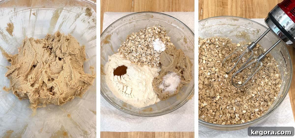 Salted Caramel Apple Crumble Bars 5 Oat crumble mixture being prepared in a mixing bowl