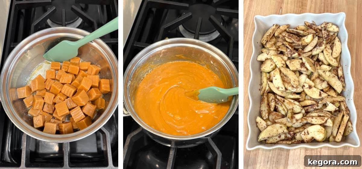 Salted Caramel Apple Crumble Bars 7 Caramel melting in a saucepan and apples layered over the crust