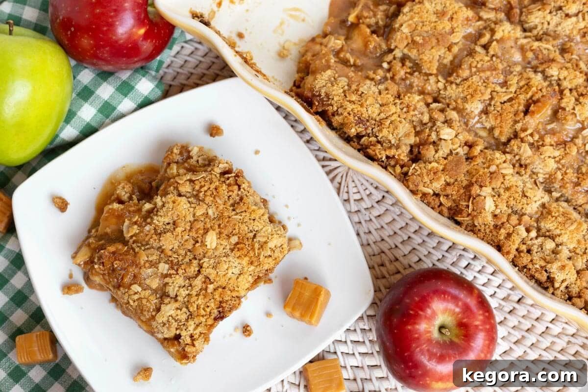 Salted Caramel Apple Crumble Bars 9 Caramel Apple Crumble Bars with tender apples, caramel, and oat crumble topping