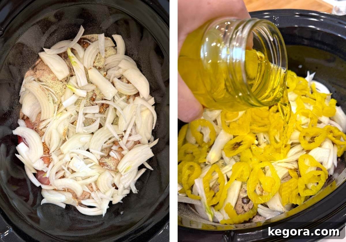 chicken, onion and seasonings added to crockpot, pouring pepperoncini juice onto chicken