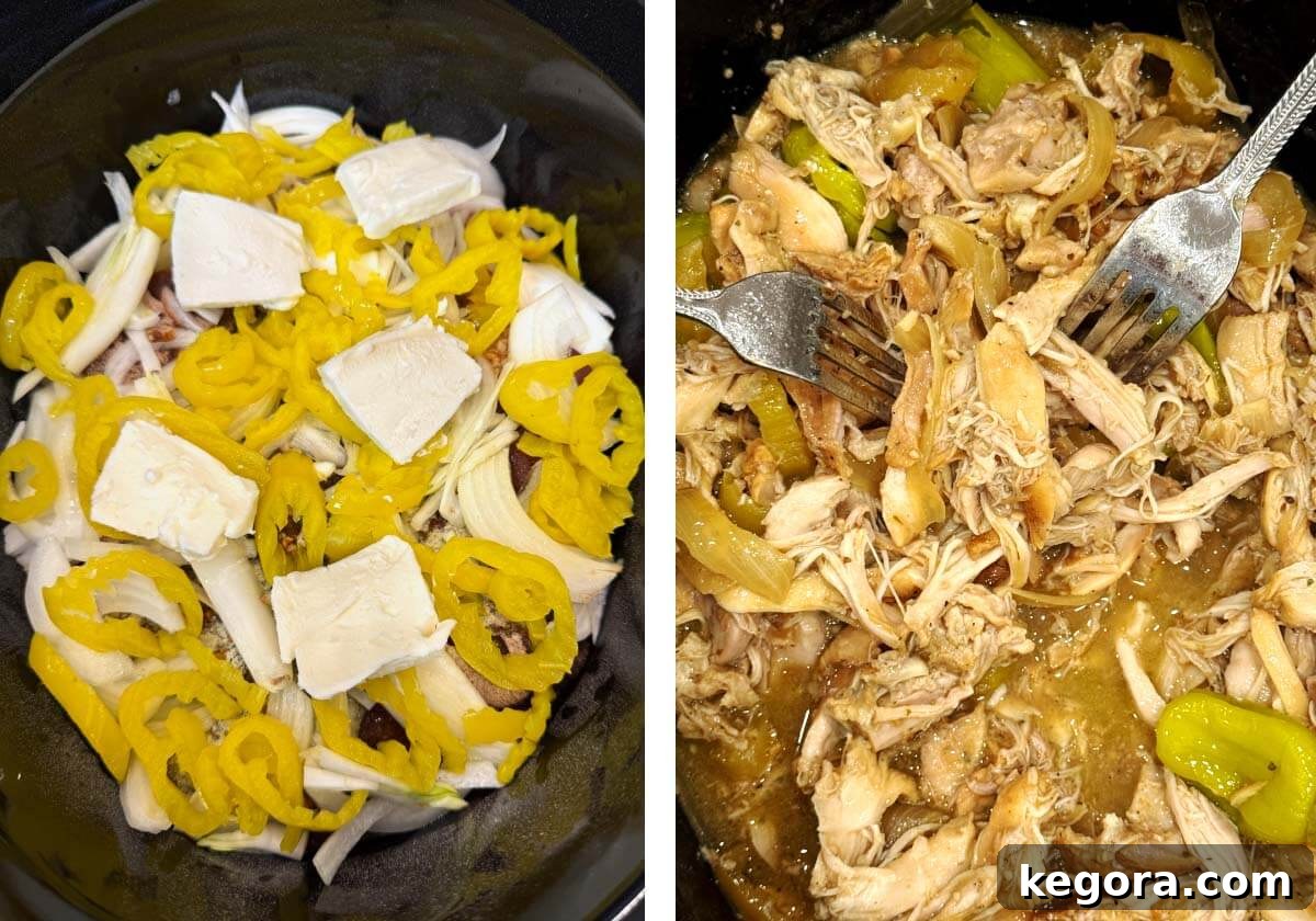 butter added to chicken, 2 forks shredding chicken in slow cooker