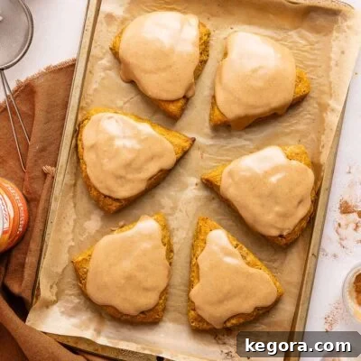 Flaky Gluten-Free Pumpkin Scones Recipe 11 Six golden scones with light brown glaze on top are arranged on a parchment-lined baking sheet, viewed from above. A brown napkin and a metal sifter are nearby.
