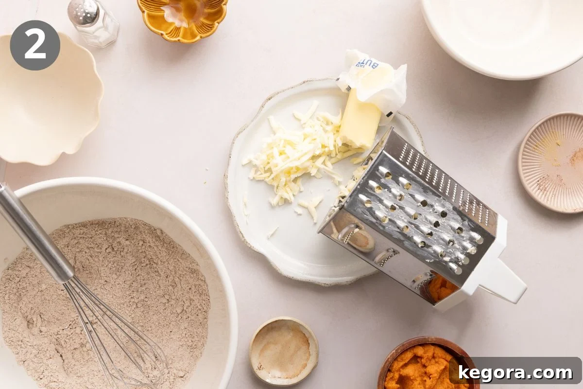 Flaky Gluten-Free Pumpkin Scones Recipe 5 Overhead view of grated butter on a plate next to a box grater, with a bowl of flour mixture, a whisk, pumpkin puree, and various bowls on a white surface.